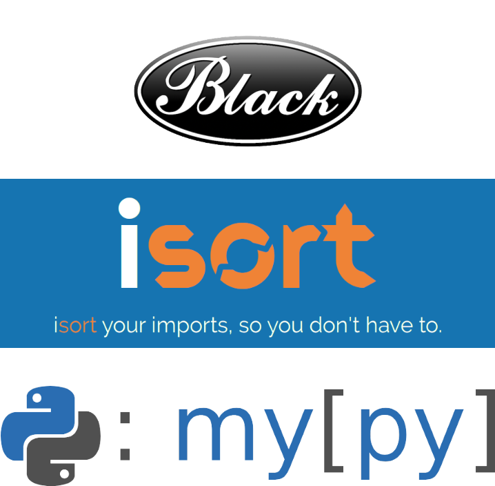 Black, Isort, and Mypy logos