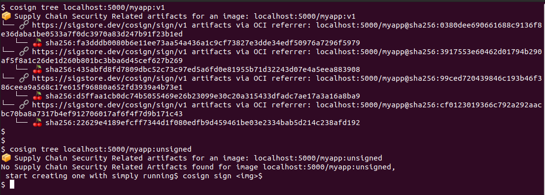 inspecting the artifacts with cosign tree