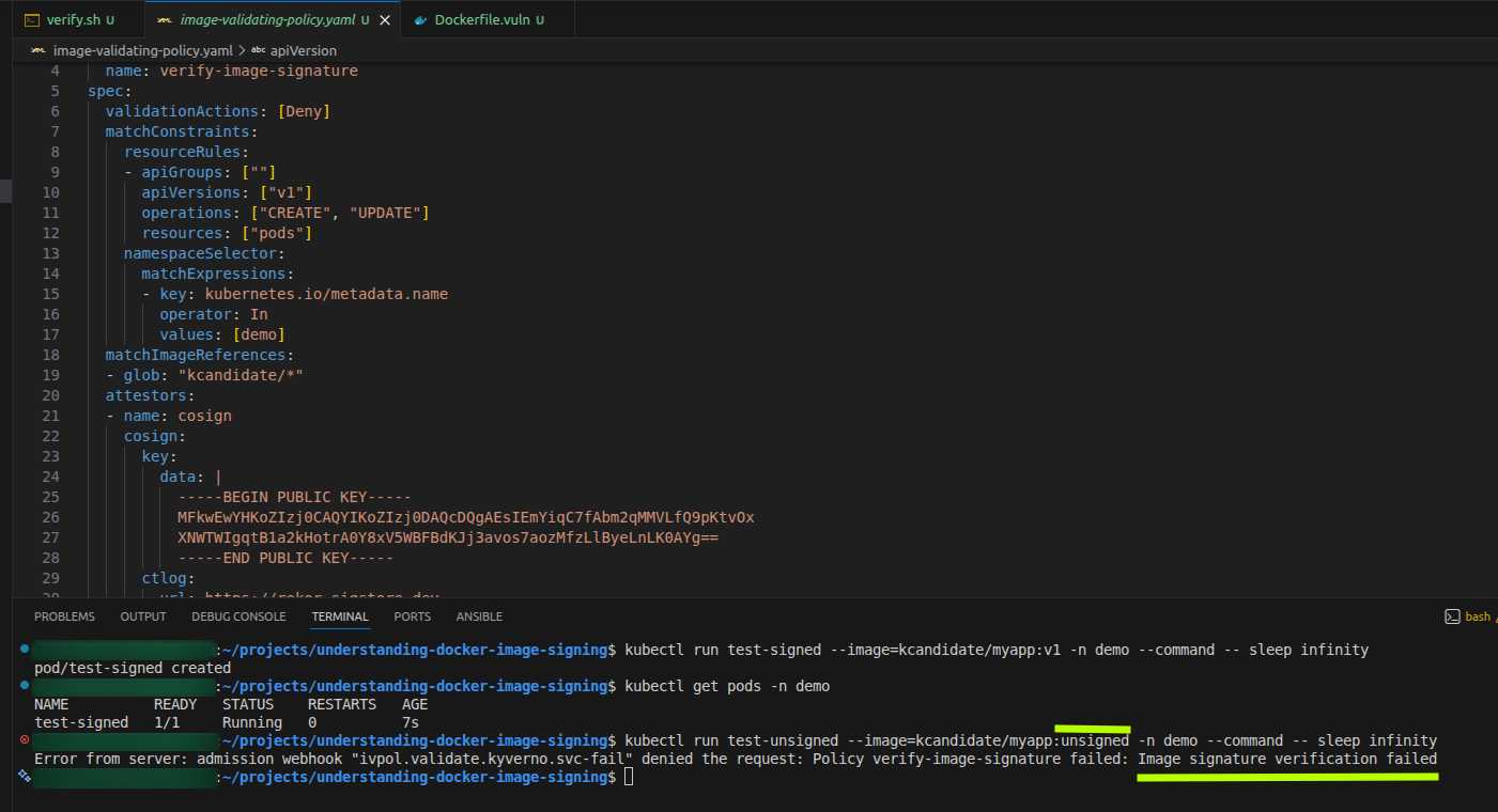 signed container image runs but unsigned one is blocked by kyverno admission controller