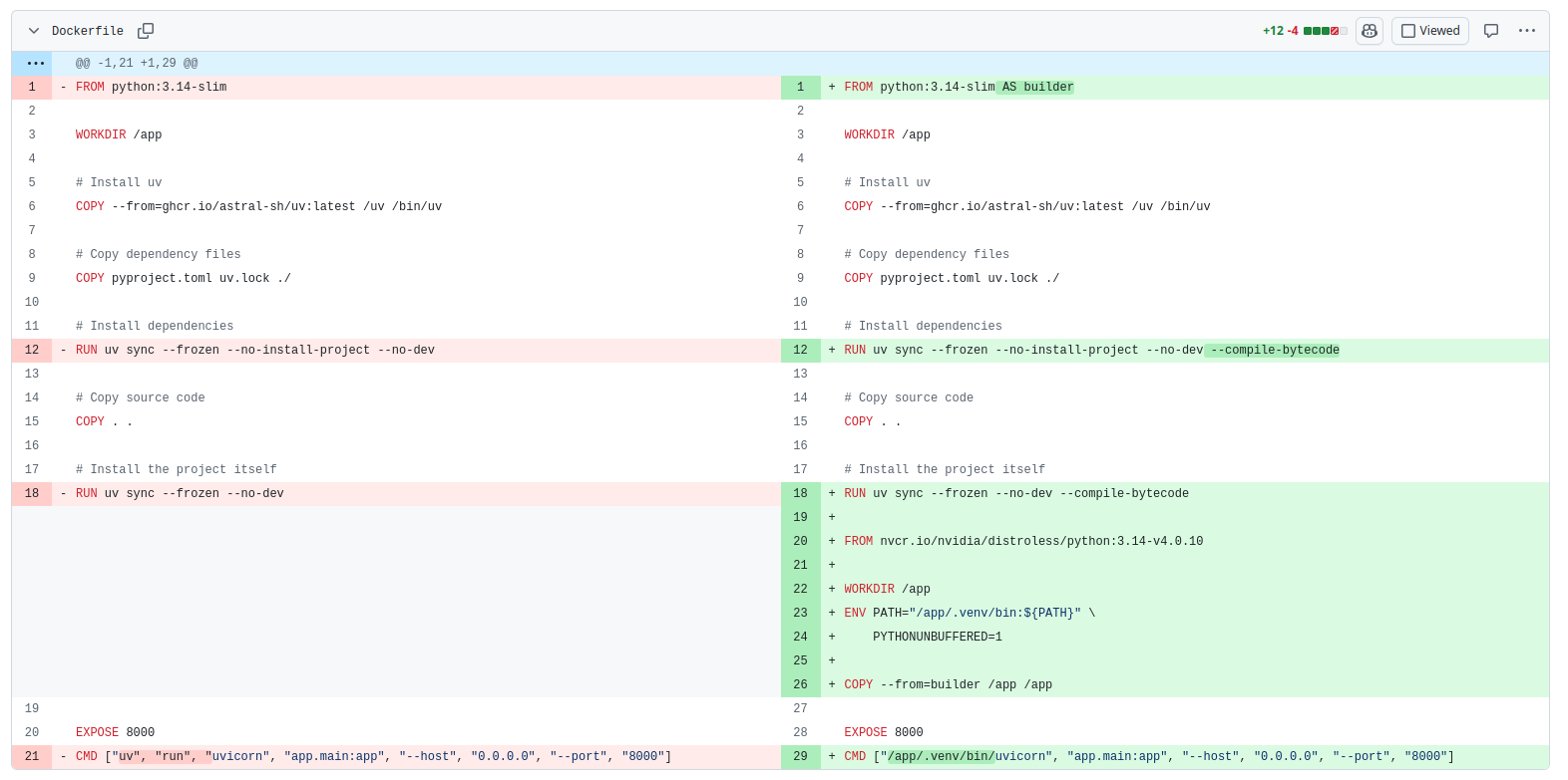 NVIDIA Distoless Python Dockerfile migration example