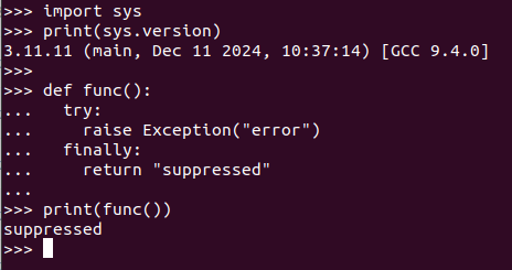 finally block suppressing exception in old python