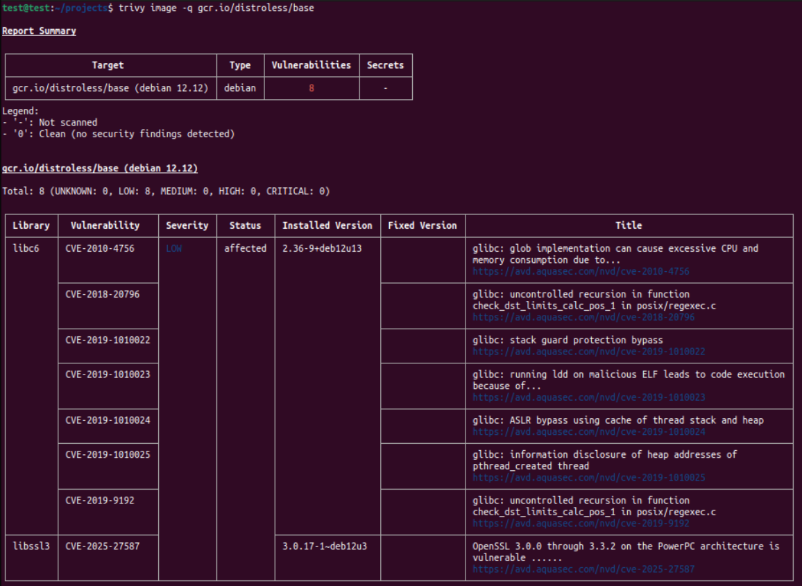 trivy scan of base distroless